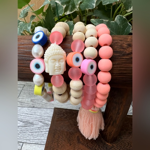 Pink & Beige Bohemian Stacked Bead Bracelet Set - Hippie Chic Bracelets - Picture 8 of 10
